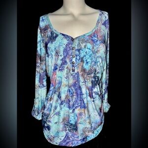 Cocomo Blue and Purple Floral Henley Babydoll Style Blouse